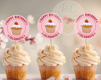 Strawberry Birthday Cupcake Toppers, Pink Party Decor (PNG/PDF Downloadable Files)
