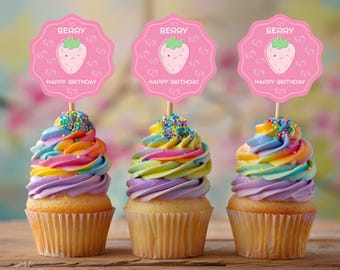 Berry First Birthday Cupcake Toppers, Strawberry Party Decor (PNG PDF Digital Download)