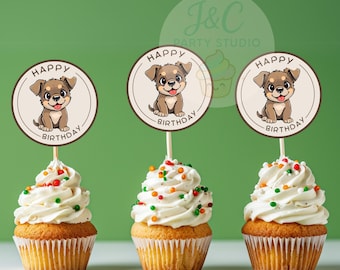 Puppy Birthday Cupcake Toppers, Dog Pawty Decor (PNG PDF Digital Download)