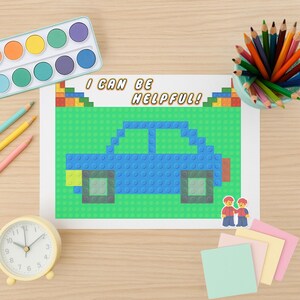May include: A colorful illustration of a blue car made of toy blocks on a green background, with the text "I CAN BE HELPFUL!" above. The image is surrounded by art supplies, including a watercolor palette, colored pencils, and a small clock.