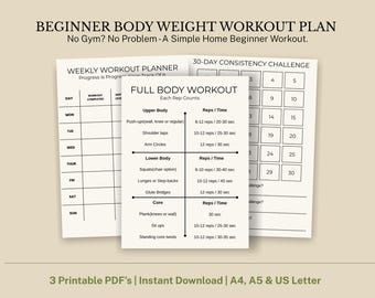 Plan de entrenamiento con peso corporal para principiantes / Plan de entrenamiento de cuerpo completo en casa / PDF de ejercicios sin equipo / Reto de fitness de 30 días / Fitness para principiantes