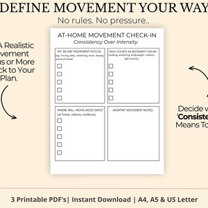 Puede incluir: Planificador de fitness en PDF imprimible con el texto "DEFINE MOVEMENT YOUR WAY". El planificador incluye secciones para un enfoque de movimiento de 30 d&iacute;as, objetivos de movimiento y notas mensuales. Disponible en A4, A5 y US Letter.