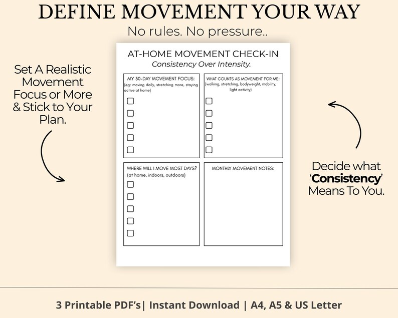 Puede incluir: Planificador de fitness en PDF imprimible con el texto "DEFINE MOVEMENT YOUR WAY". El planificador incluye secciones para un enfoque de movimiento de 30 d&iacute;as, objetivos de movimiento y notas mensuales. Disponible en A4, A5 y US Letter.