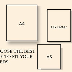 Puede incluir: Tres opciones de tama&ntilde;o de papel enmarcadas: A4, US Letter y A5, con el texto "CHOOSE THE BEST SIZE TO FIT YOUR NEEDS" debajo. Los marcos son negros y el papel interior es de color beige claro. El fondo es beige a juego.