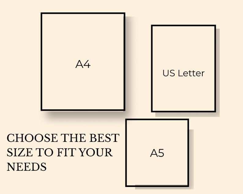 Puede incluir: Tres opciones de tama&ntilde;o de papel enmarcadas: A4, US Letter y A5, con el texto "CHOOSE THE BEST SIZE TO FIT YOUR NEEDS" debajo. Los marcos son negros y el papel interior es de color beige claro. El fondo es beige a juego.