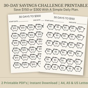 30 Day Savings Challenge Printable | Beginner Monthly Saving Tracker | Simple 300 or 150 Daily Money Challenge | Monthly Savings Goal PDF