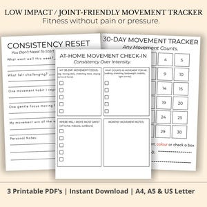Puede incluir: Tres rastreadores de movimiento PDF imprimibles. Los rastreadores incluyen un reinicio de consistencia, un control de movimiento en casa y un rastreador de movimiento de 30 d&iacute;as. El texto de la imagen dice "Low Impact / Joint-Friendly Movement Tracker" y "Fitness without pain or pressure."