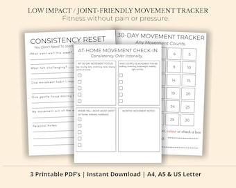 Low Impact Fitness Tracker Printable | 30 Day Gentle Movement Challenge | Joint Friendly Exercise Planner | Beginner Fitness PDF