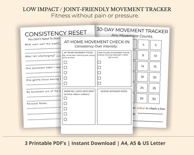 Puede incluir: Tres rastreadores de movimiento PDF imprimibles. Los rastreadores incluyen un reinicio de consistencia, un control de movimiento en casa y un rastreador de movimiento de 30 d&iacute;as. El texto de la imagen dice "Low Impact / Joint-Friendly Movement Tracker" y "Fitness without pain or pressure."