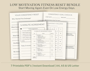 Paquete de reinicio de fitness con poca motivación / Reto de entrenamiento de 30 días / Reinicio de fitness suave / Rutina de fitness en casa para principiantes (imprimible)