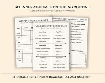 Rutina de estiramiento para principiantes en casa (imprimible) / Guía de estiramiento de cuerpo completo / Flexibilidad sin equipo (PDF)