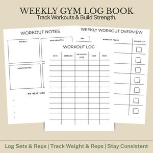 May include: A weekly gym log book template featuring three white pages with black text and grids. The pages include sections for workout notes, performance, energy, adjustments, a workout log with columns for date, exercise, weight, sets, and reps, and a weekly workout overview.