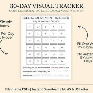 Puede incluir: Un rastreador visual imprimible de 30 d&iacute;as con una cuadr&iacute;cula de 30 casillas, numeradas del 1 al 30, para el seguimiento del movimiento diario. El texto dice "30-DAY VISUAL TRACKER" y "30-DAY MOVEMENT TRACKER". Incluye instrucciones y espacio para la reflexi&oacute;n.