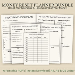 Könnte beinhalten: Ein Bundle druckbarer Finanzplaner-Seiten mit dem Titel "Money Reset Planner Bundle". Die Seiten enthalten Abschnitte für die Planung, die Verfolgung von Ausgaben und die Verwaltung der Finanzen. Der Text enthält "Next Paycheck Plan" und "Monthly Overview".