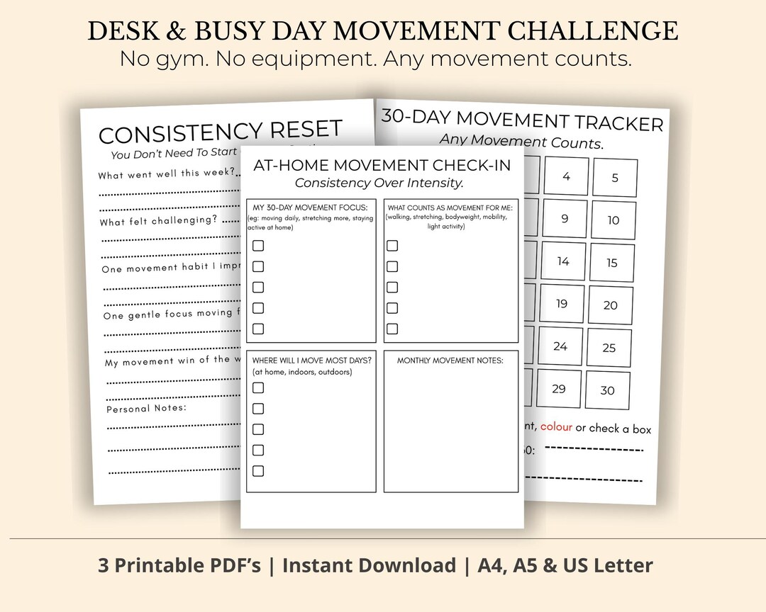 Desk Movement Tracker Printable | 30 Day Busy Day Fitness Challenge ...
