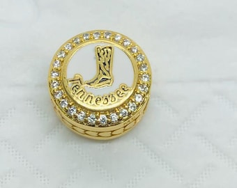 Tennessee Nashville Sparkling Round Gold Button Charm|Travel charm|Birthday gifts|S925 Sterling Silver Jewelry|Charm Bracelets|with Box