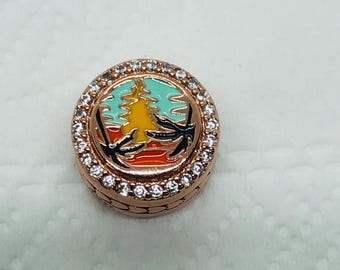 Nightfall Beach charm/Palm Tree Button Charm/Travel Charm/Christmas gift|S925 Sterling Silver Jewelry|rose gold Charm Bracelet|with gift Box
