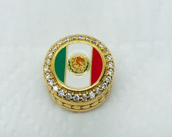 Dije de bandera de México, dije redondo con bandera dorada, dijes de viaje, regalos de cumpleaños, joyería de plata de ley S925, con caja de regalo.