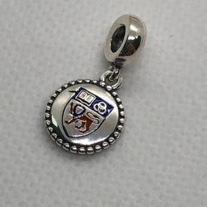 May include: A silver charm featuring a circular pendant with a beaded edge. The center displays an enameled shield with a red lion, a white open book, and a blue background. The charm includes a polished silver bail for attachment to a bracelet.