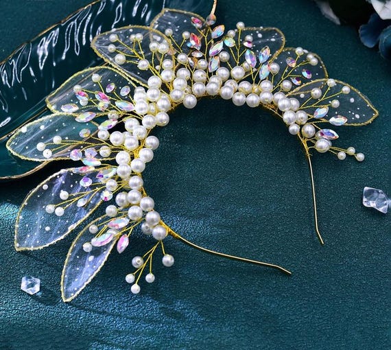 Mesh Leaf Shape Pearl Fantasy Rhinestone Crown Birthday 