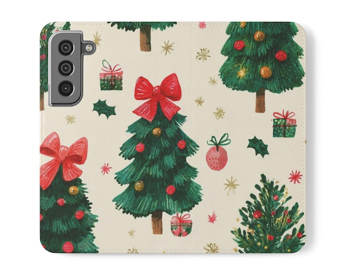 Flip Case with a Christmas Tree Pattern | Festive Phone Wallet, Holiday Cell Phone Cover, Xmas