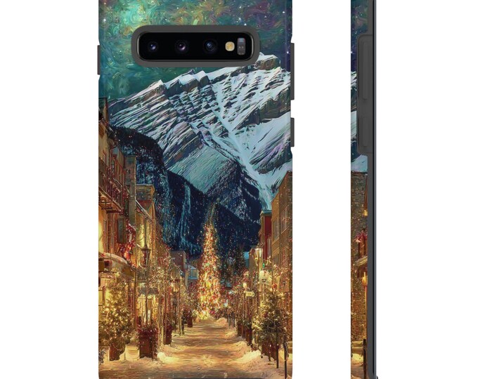 Snowy Mountain Village Phone Case | Winter BANFF Street Scene, Night Sky