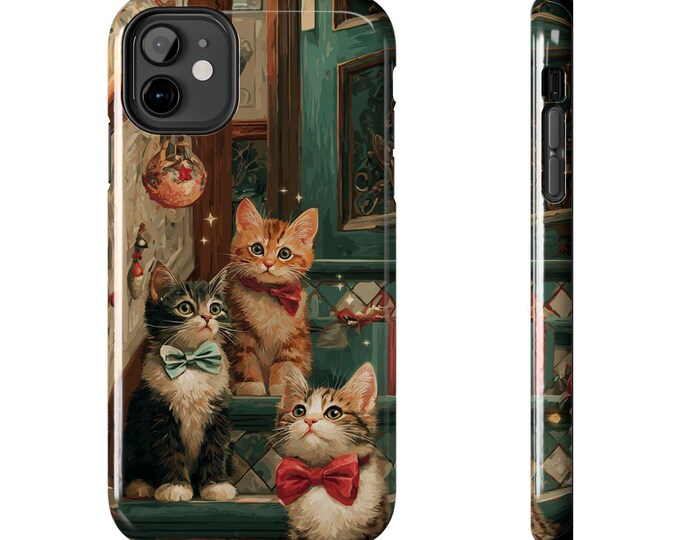 Holiday Kittens Phone Case,  Cats with Bows, Protective Hard Shell, Animal Lover Gift, Christmas Phone Cover, Unique Cat Design