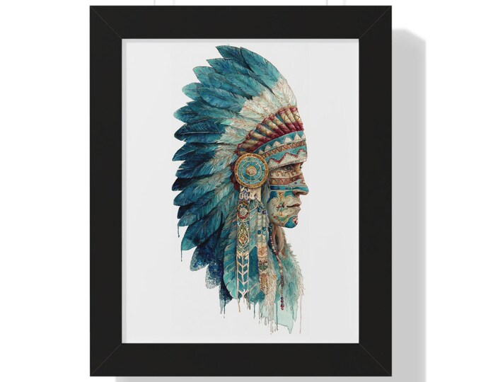 Native American Headdress Framed Vertical Poster | Watercolor Chief Wall Art