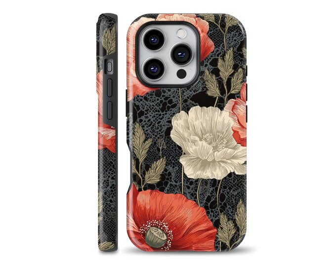 The Poppy Floral Vintage Red MagSafe cover fits the 17 Pro, 16e, iPhone 14 Pro Max, 13, and 12 Mag Safe.