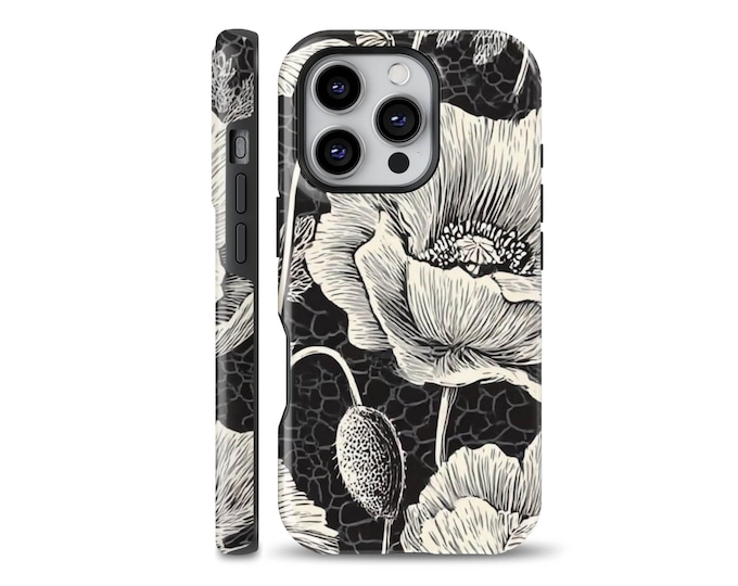 Poppy Floral Phone Case Vintage Black MagSafe cover fits iPhone 17 Pro, 16e, 14 Pro Max, 13, and 12 Mag Safe.