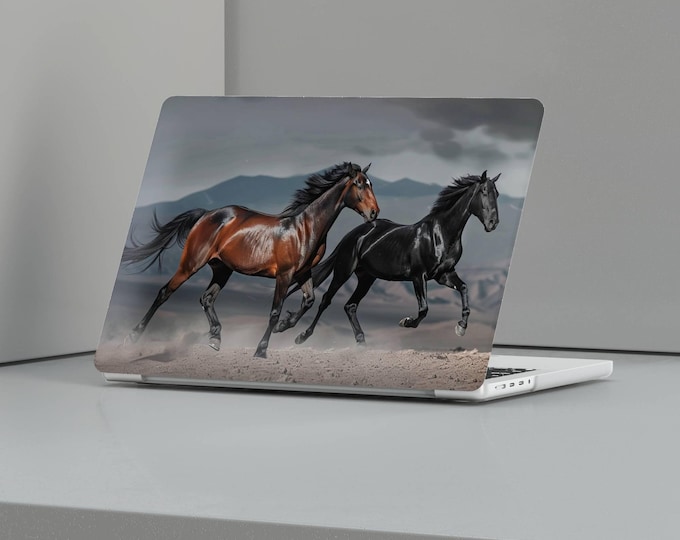 Running Horse Couple MacBook Case, Elegant Black and Brown Design for MacBook Pro 13, 15, 16 Inch & Air, Horses Lover Gift