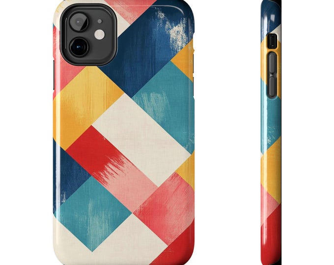 Geometric Color Block Phone Case, Abstract Pattern Tough Case, Retro Phone Cover, Modern Smartphone Protector, Stylish Accessory