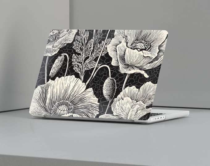 Poppy Floral MacBook Case Vintage Black Laptop Skin, MacBook Pro 16, 15, Air 13, 14, Gift for MAC owner