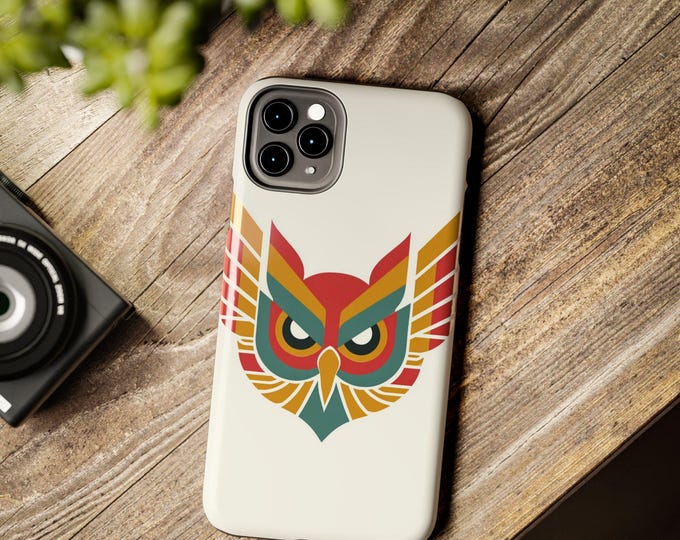 Retro Geometric Owl Tough Phone Case | Bold Colorful Bird Design