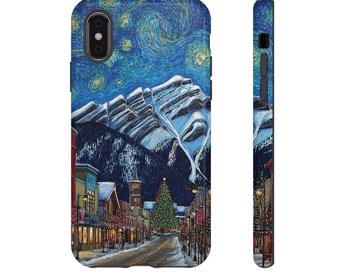 Starry Night Mountain Town phone case | winter village Banff, snowy mountains