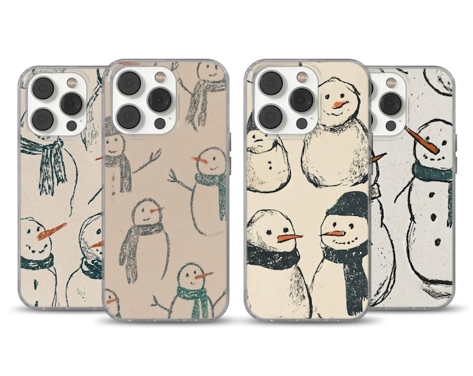 Snowman family phone case for iPhone models 13, 14, 15, 16e, 17 Pro; Samsung S25 Edge; Pixel 10; and 9A; lightweight TPU cover; festive gift