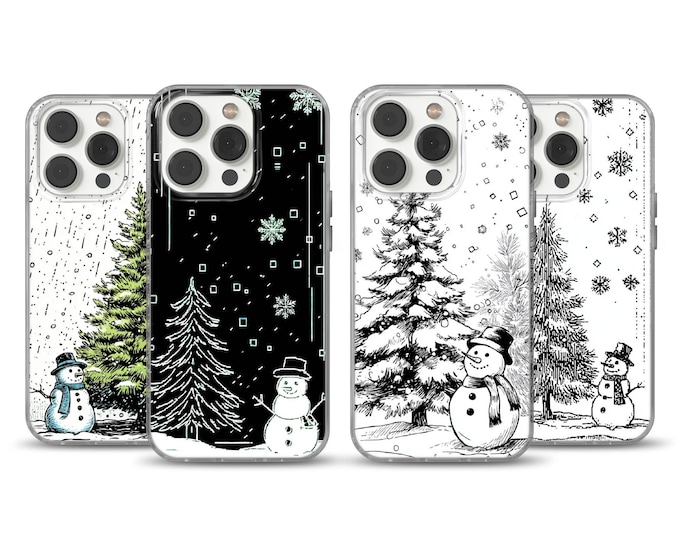 Winter Snowman Phone Case, Christmas Snowy Tree Design for iPhone 15, 16e, 17 Pro Max, Samsung S25 Edge, Pixel 10, 9A, Holiday Winter Cover