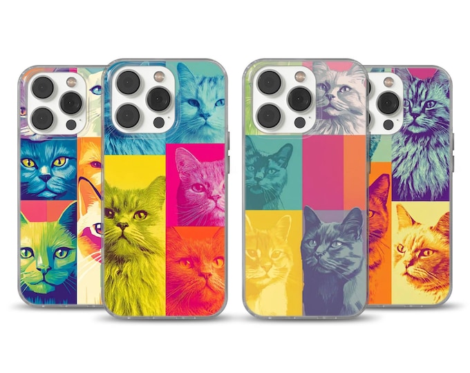 Adorable cat phone cases with whimsical cat prints for the iPhone 13, 14, 15, 16e, 17 Pro, 17 Air, Samsung S25 Edge, A16, Pixel 10, and 9A