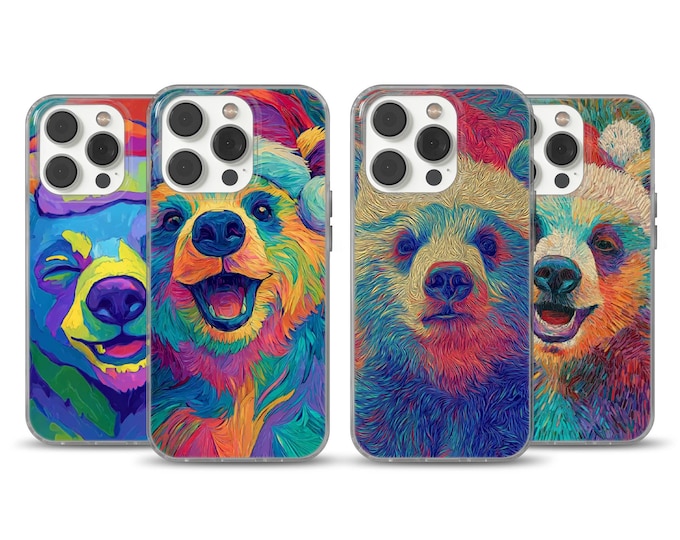 Christmas Bear Phone Case, Colorful Animal Art TPU Cover for iPhone 13, 14, 15, 16, 17 Pro,  Samsung S23, S24, Pixel 10, Whimsical Soft Gel