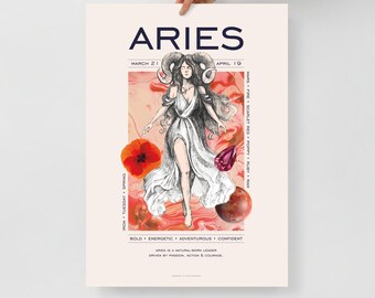 Póster de Aries | Póster del signo zodiacal, arte astrológico, creación artística, decoración de pared, envío gratis