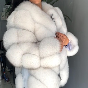 Weißer Echter Fuchs Pelz Jacke - Damen Kurzer Wintermantel / Handgefertigtes Valentinstag Geschenk für Frau