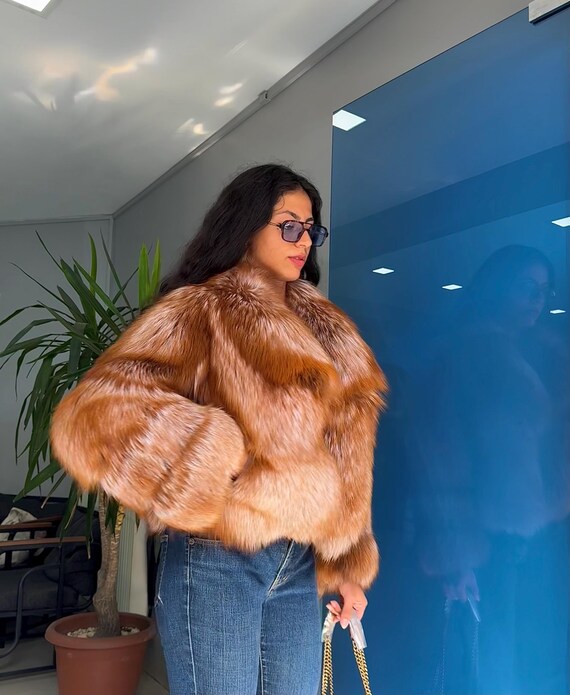 Handmade Cropped Red Fox Fur Jacket - Natural Copper Luxury Coat Valentines Day Gift For Wife Birthday Gift for Her Short Winter Outfit