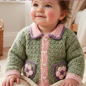 Puede incluir: Un abrigo de bebé de ganchillo en tonos verdes, rosas y morados. El abrigo tiene cuello, botones en forma de corazón y aplicaciones de flores en los bolsillos. El texto en la imagen dice "BABY COAT 6-12 12-18 18-24 Months" y "INTERMEDIATE/ADVANCED".