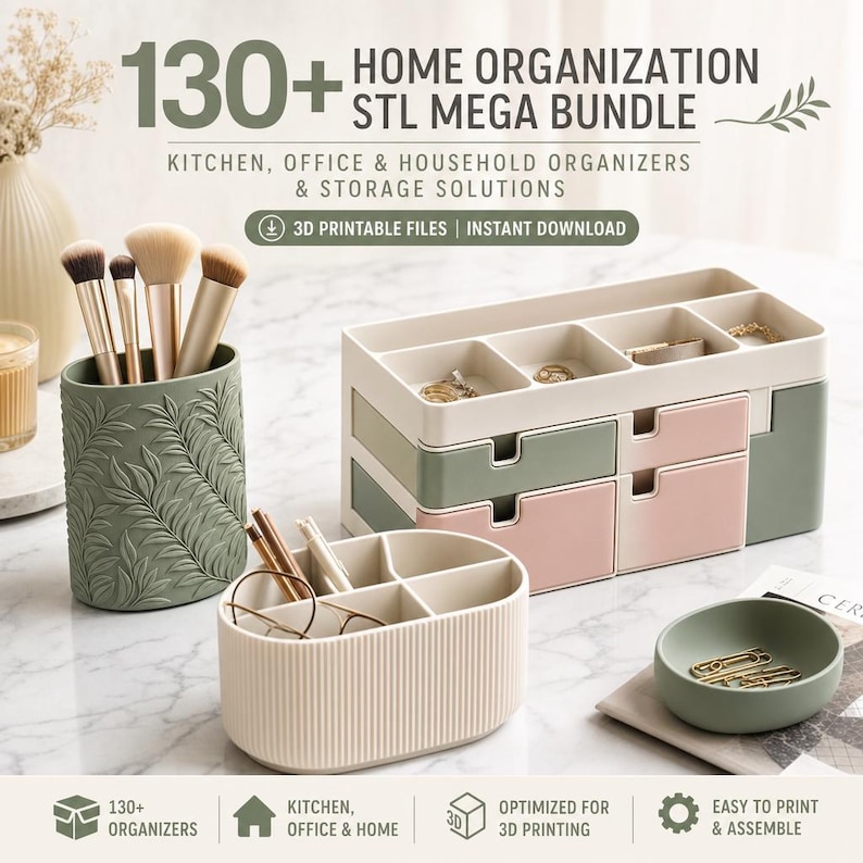 130+ Home Organization STL Bundle | Kitchen, Office, Household Organizers & Storage Solutions | 3D Printable Files image 6
