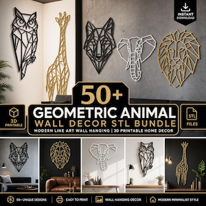 May include: A digital bundle of 50+ geometric animal wall decor STL files for 3D printing. The collection features line art designs of an owl, giraffe, wolf, elephant, and lion in black, white, and gold colors, displayed on various walls.