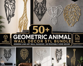 Paquete de más de 50 diseños geométricos de animales para pared (archivos STL) / Diseños modernos de arte lineal / Archivos imprimibles en 3D / Descarga instantánea