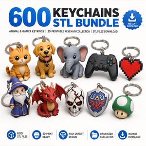 Könnte beinhalten: Eine digitale Sammlung von 600 Schlüsselanhänger-STL-Dateien mit verschiedenen 3D-druckbaren Designs, darunter Katze, Hund, Elefant, Gamecontroller, Pixelherz, Zauberer, Drache, Totenkopf, Schild und Pilz. Der Text lautet 600 KEYCHAINS STL BUNDLE.
