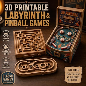 May include: A 3D printable pinball machine and two wooden labyrinth games with metal balls. The pinball machine features a blue playfield with red and white bumpers, a scoreboard, and the text 3D PINBALL. The set includes 3D PRINT READY text.