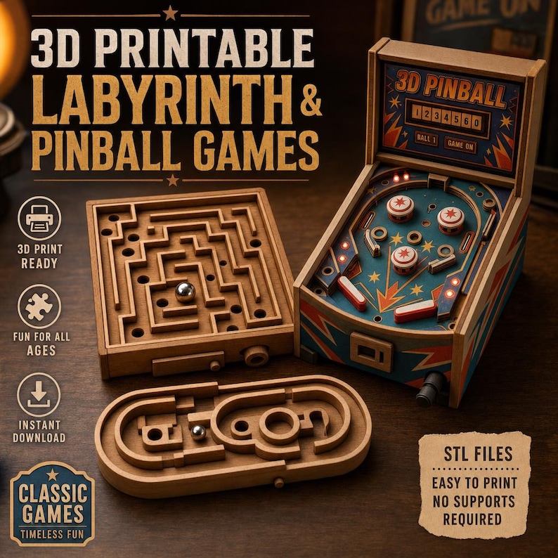 May include: A 3D printable pinball machine and two wooden labyrinth games with metal balls. The pinball machine features a blue playfield with red and white bumpers, a scoreboard, and the text 3D PINBALL. The set includes 3D PRINT READY text.
