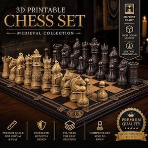 May include: A 3D printable chess set from a medieval collection featuring gold and dark grey pieces with intricate textures. The set includes kings, queens, bishops, knights, rooks, and pawns arranged on a matching board. Text includes 3D PRINTABLE CHESS SET.